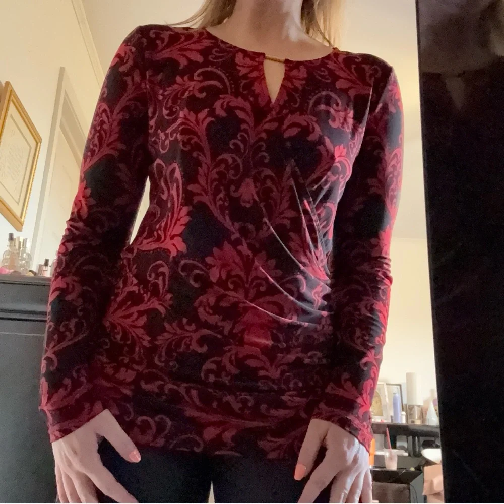 INC International Concepts Black & Red Long-Sleeve Draped Front Top - Picture 3 of 7